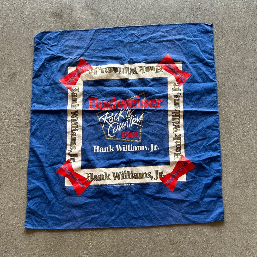 Vintage 90s Hank Williams Jr Budweiser Bandana Adult 19.5x20.5 Blue 1992 Tour